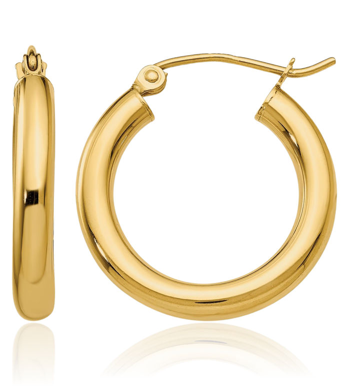 10K Solid Yellow Gold 3mm Tube Round Medium Hoop Earrings