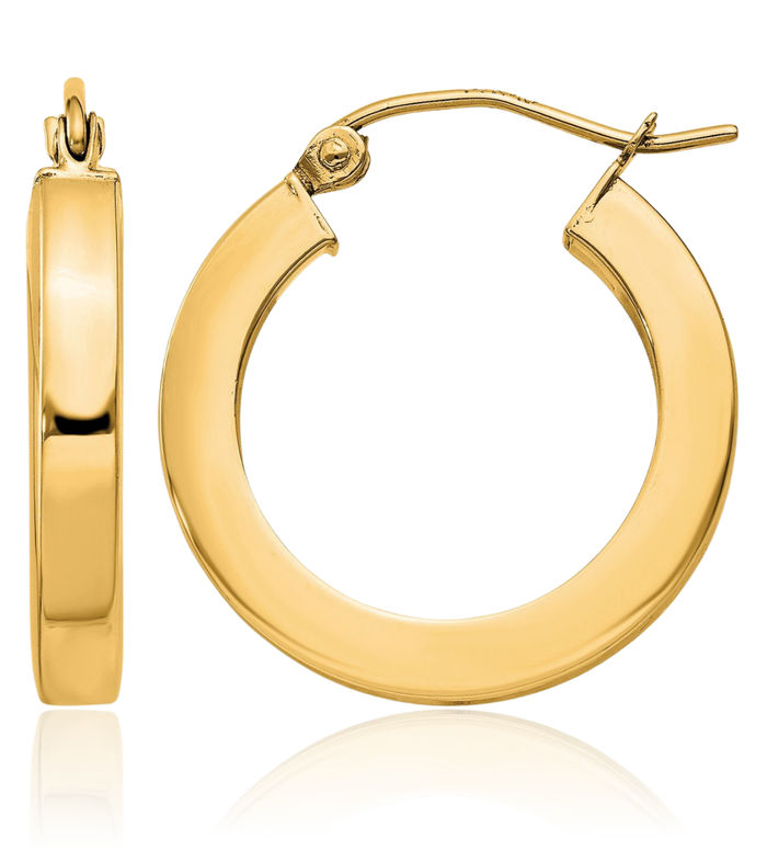 10K Solid Yellow Gold 3mm Square Round Hoop Earrings