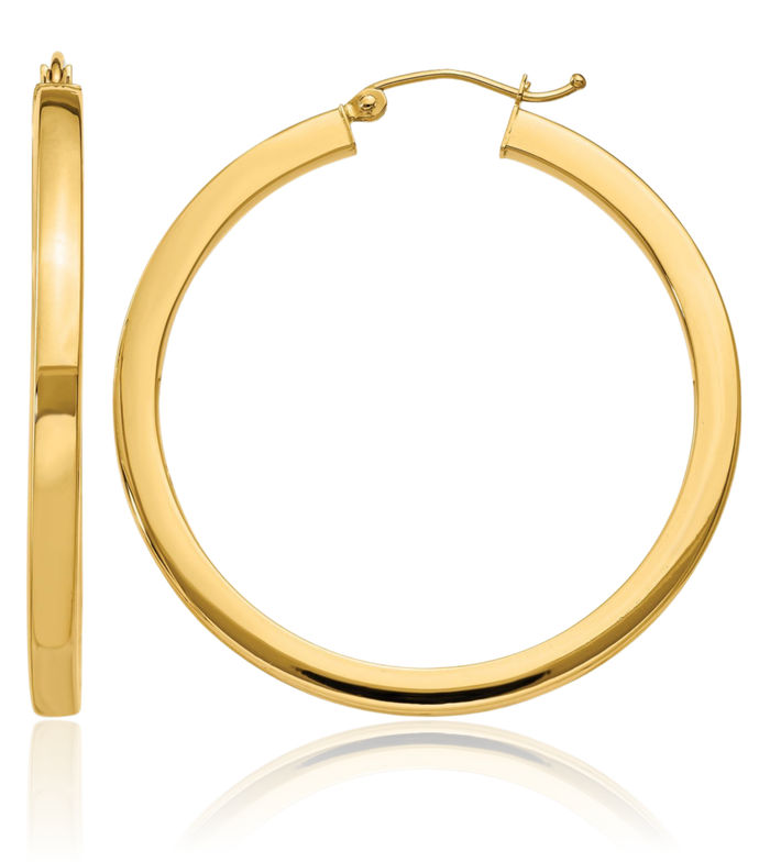 10K Solid Yellow Gold 3mm Square Round Large Hoop Earrings