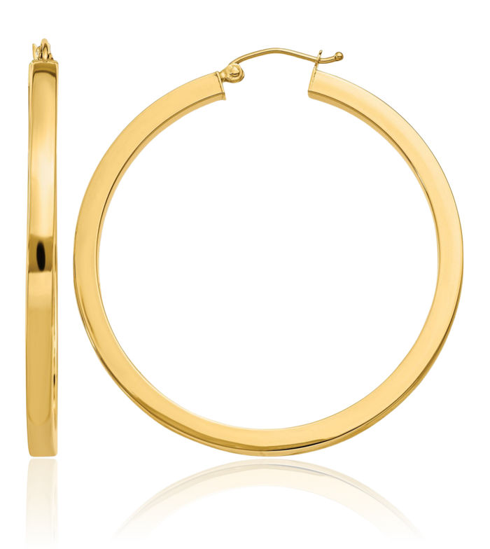 10K Solid Yellow Gold 3mm Square Round Large Hoop Earrings