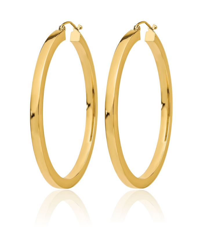 10K Solid Yellow Gold 3mm Square Round Large Hoop Earrings