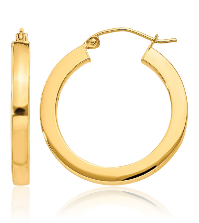 10K Solid Yellow Gold 3mm Square Round Medium Hoop Earrings