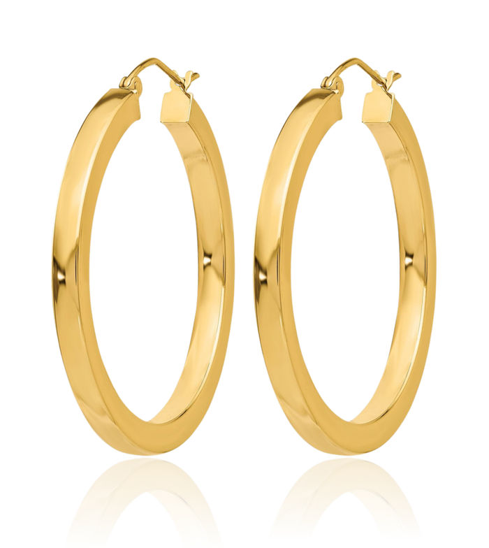 10K Solid Yellow Gold 3mm Square Round Medium Hoop Earrings