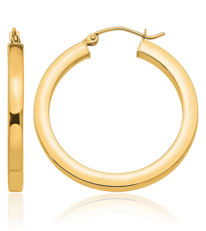 10K Solid Yellow Gold 3mm Square Round Medium Hoop Earrings