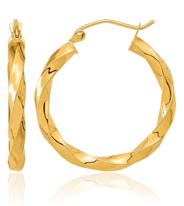 10K Solid Yellow Gold 3mm Twisted Round Medium Hoop Earrings