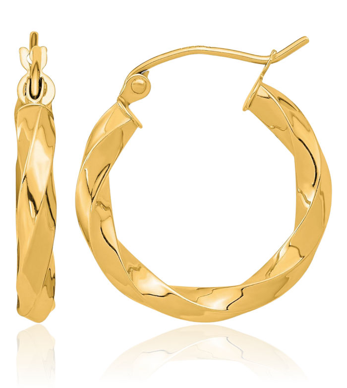 10K Solid Yellow Gold 3mm Twisted Round Medium Hoop Earrings