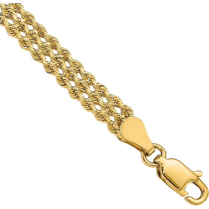 10K Solid Yellow Gold 4.5mm Wide Triple Strand Rope Chain Bracelet