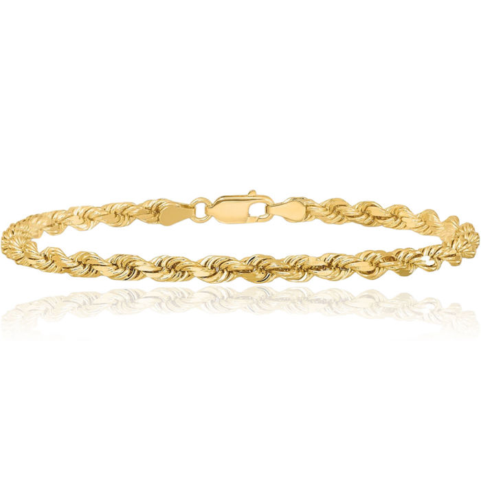 10K Solid Yellow Gold 4mm Rope Chain Bracelet