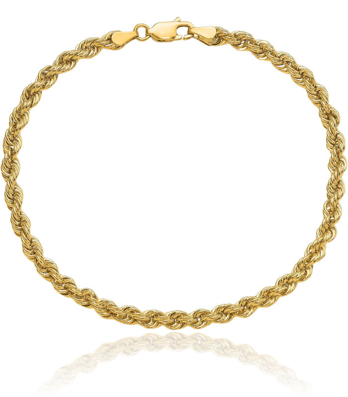 10K Solid Yellow Gold 4mm Rope Chain Bracelet