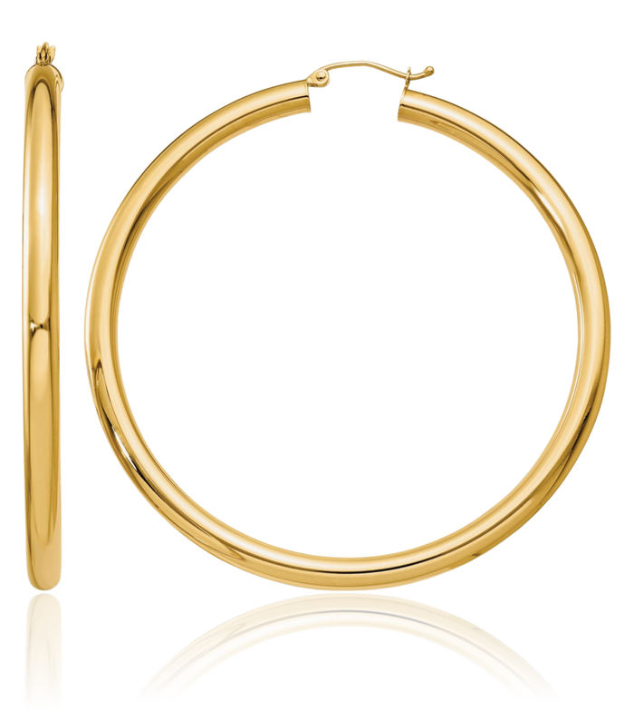 10K Solid Yellow Gold 4mm Tube Round Large Hoop Earrings