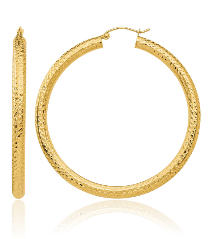 10K Solid Yellow Gold 4mm Round Large Hoop Earrings