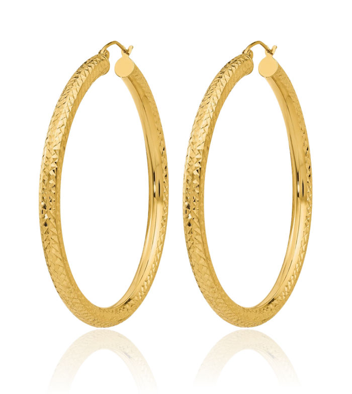 10K Solid Yellow Gold 4mm Round Large Hoop Earrings