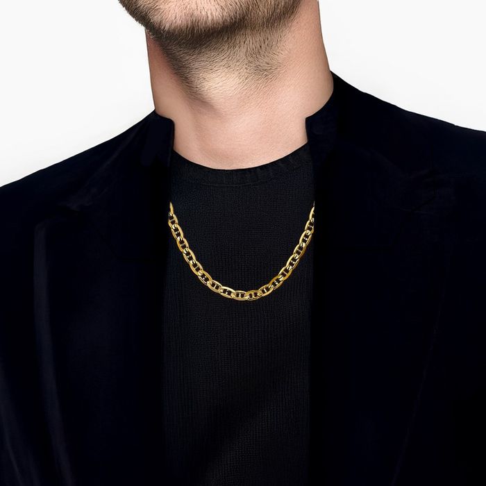10K Solid Yellow Gold 5.25mm Concave Anchor Mariner Link Chain Necklace