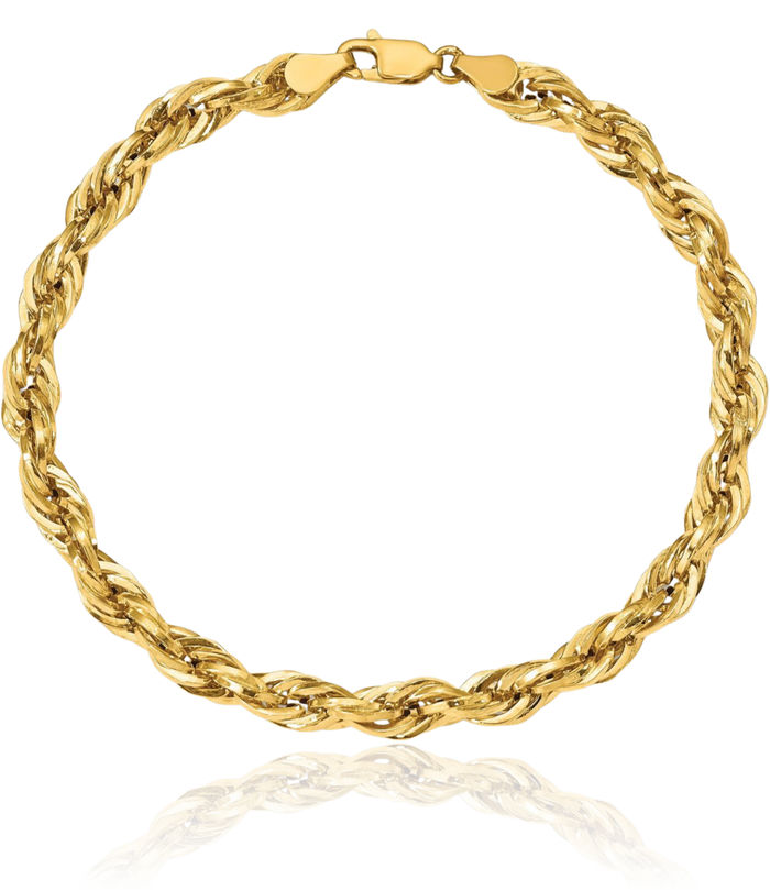 10K Solid Yellow Gold 5.4mm Rope Chain Bracelet