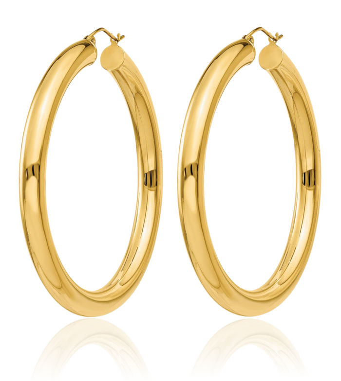 10K Solid Yellow Gold 5mm Tube Round Large Hoop Earrings