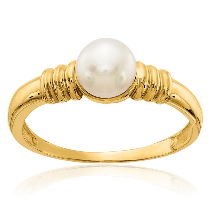 10K Solid Yellow Gold 5mm White Button Freshwater Cultured Pearl Statement Ring