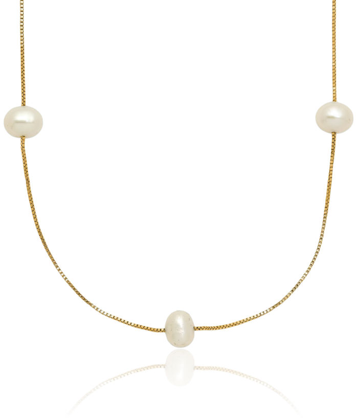 10K Solid Yellow Gold 5mm White Round Freshwater Cultured Pearl 9 Station Necklace Chain