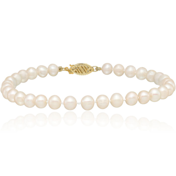 10K Solid Yellow Gold 5mm White Near Round Freshwater Cultured Pearl Chain Bracelet