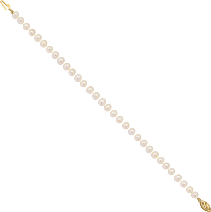 10K Solid Yellow Gold 5mm White Near Round Freshwater Cultured Pearl Chain Bracelet