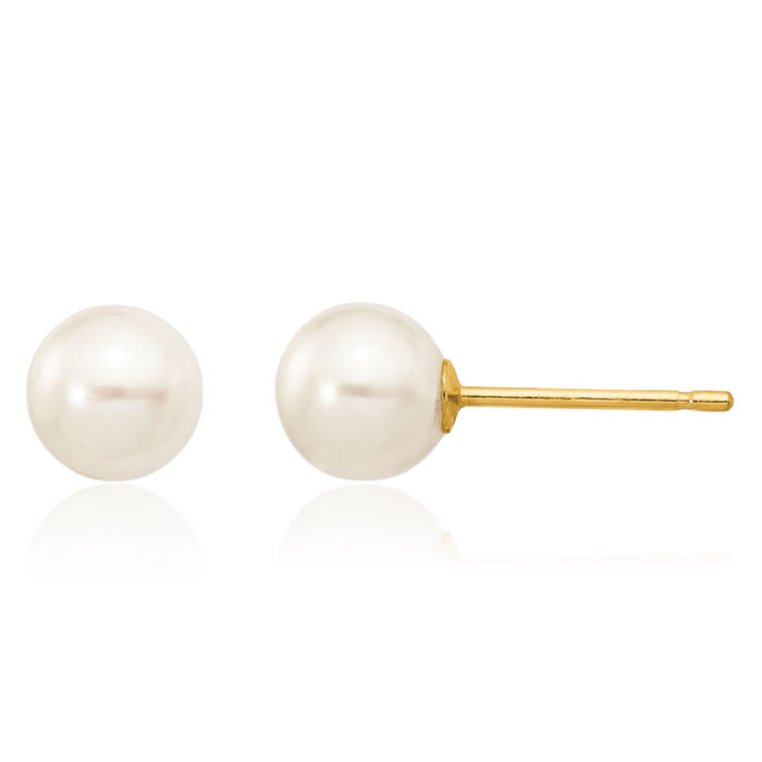 10K Solid Yellow Gold 5mm White Round Freshwater Cultured Pearl Stud Earrings