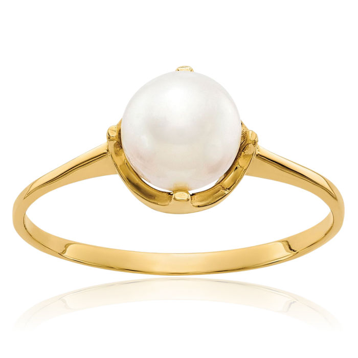 10K Solid Yellow Gold 6.5mm Freshwater Cultured Pearl Statement Ring