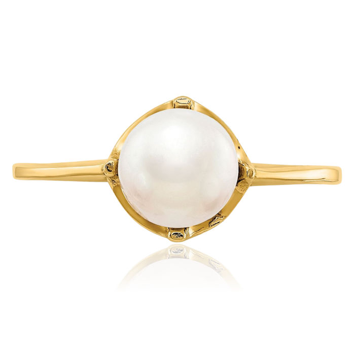 10K Solid Yellow Gold 6.5mm Freshwater Cultured Pearl Statement Ring