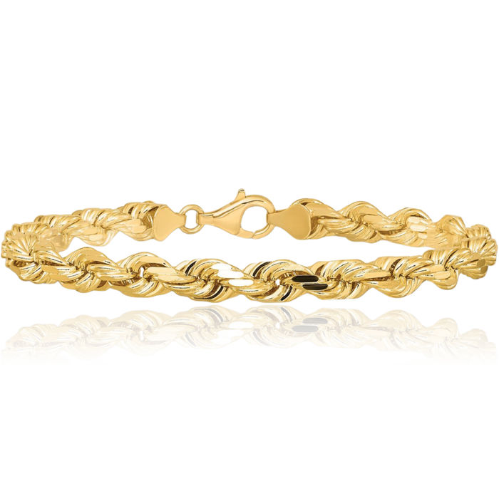 10K Solid Yellow Gold 6.5mm Rope Chain Bracelet