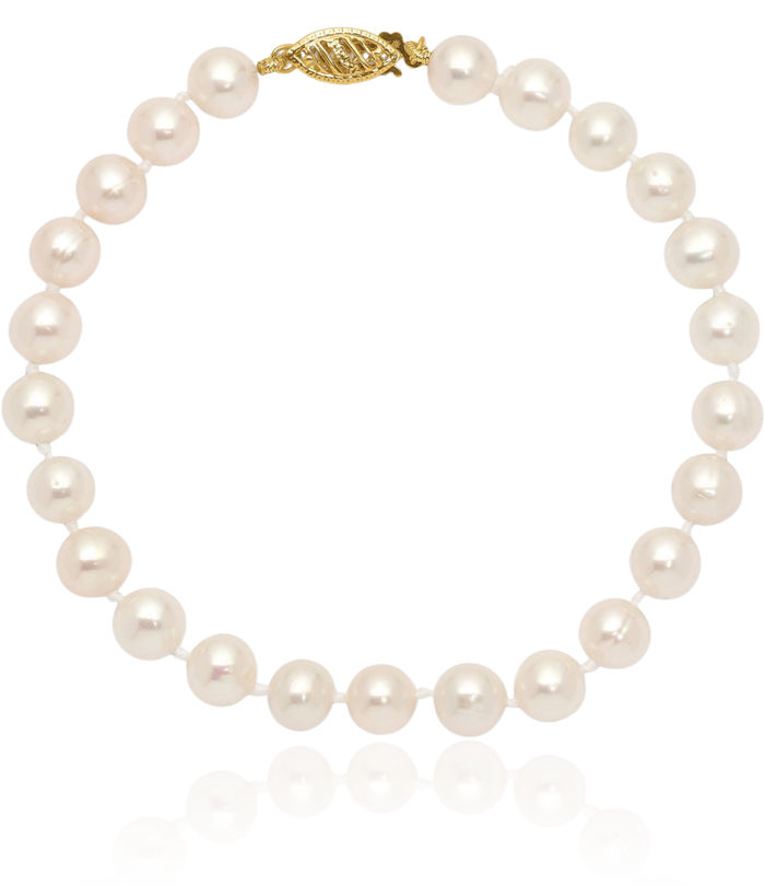 10K Solid Yellow Gold 6mm White Near Round Freshwater Cultured Pearl Chain Bracelet