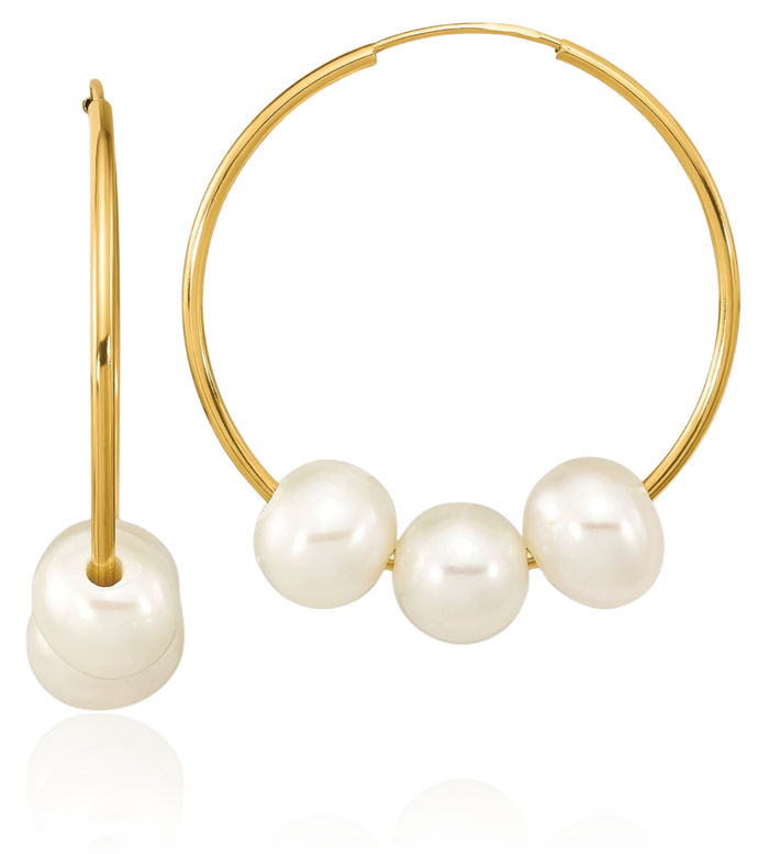 10K Solid Yellow Gold 6mm White Round Freshwater Cultured Pearl Endless Hoop Drop Dangle Earrings