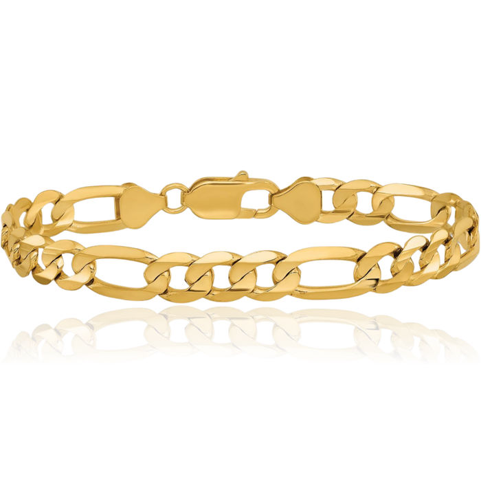 10K Solid Yellow Gold 7.5mm Concave Figaro Link Chain Bracelet