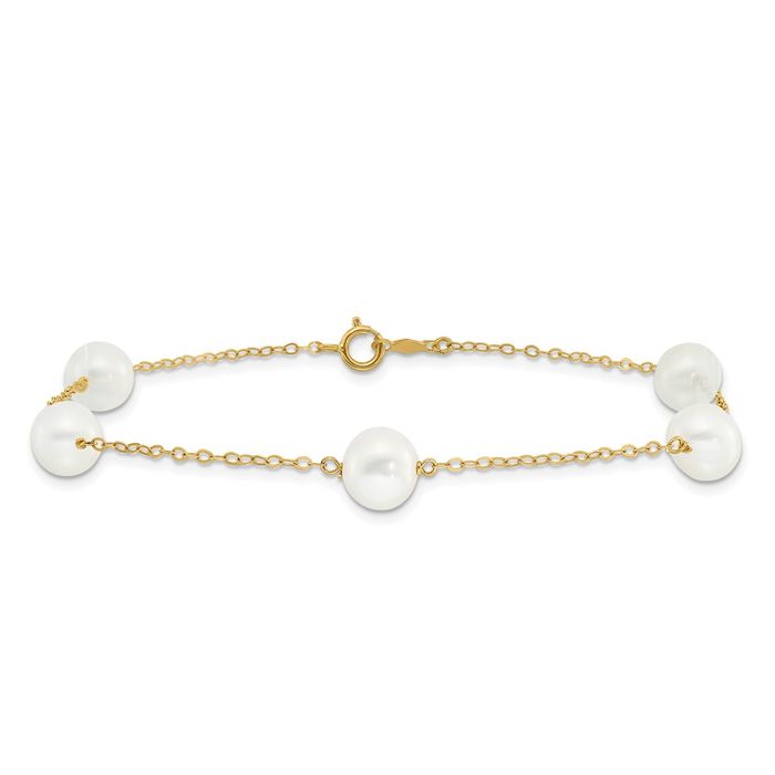 10K Solid Yellow Gold 7mm White Near Round Freshwater Cultured Pearl 5 Station Anklet Summer Beach Foot Ankle Bracelet