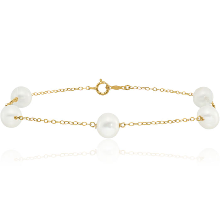 10K Solid Yellow Gold 7mm White Near Round Freshwater Cultured Pearl 5 Station Anklet Summer Beach Foot Ankle Bracelet