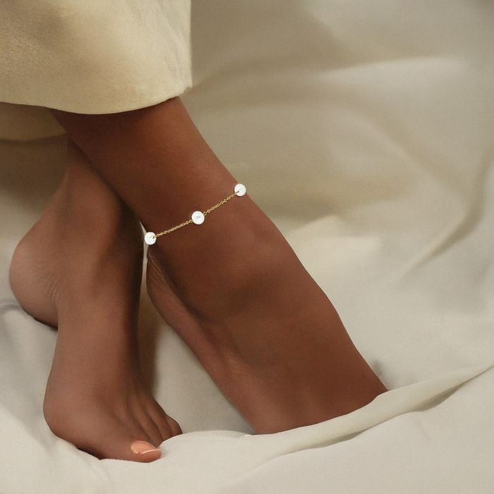 10K Solid Yellow Gold 7mm White Near Round Freshwater Cultured Pearl 5 Station Anklet Summer Beach Foot Ankle Bracelet