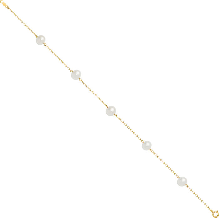 10K Solid Yellow Gold 7mm White Near Round Freshwater Cultured Pearl 5 Station Anklet Summer Beach Foot Ankle Bracelet