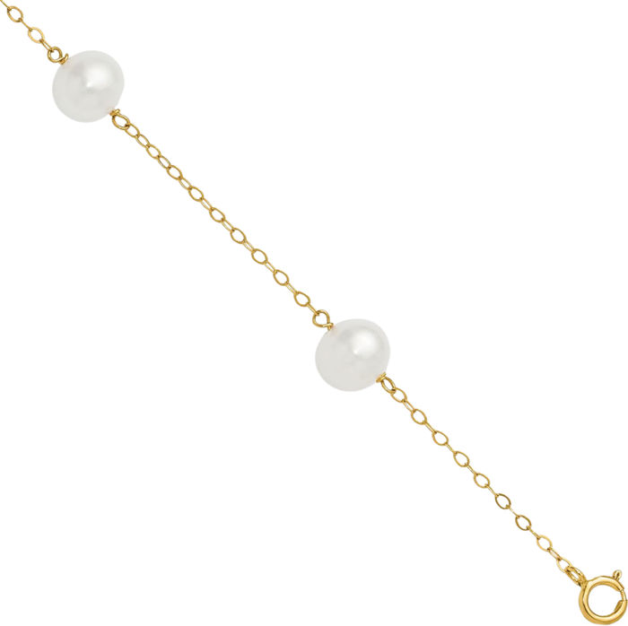 10K Solid Yellow Gold 7mm White Near Round Freshwater Cultured Pearl 5 Station Anklet Summer Beach Foot Ankle Bracelet