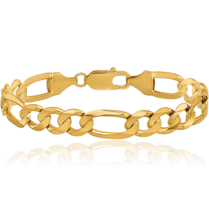 10K Solid Yellow Gold 8.75mm Concave Figaro Link Chain Bracelet