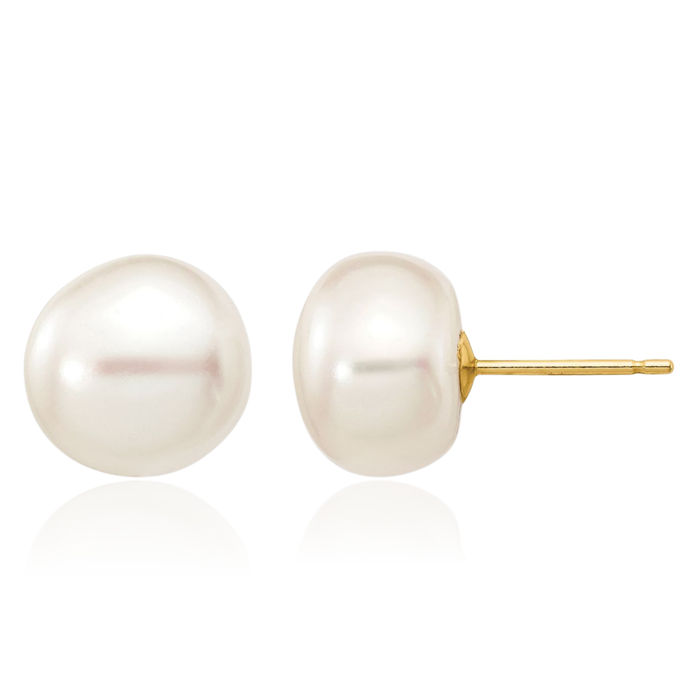 10K Solid Yellow Gold 9mm White Button Freshwater Cultured Pearl Stud Earrings