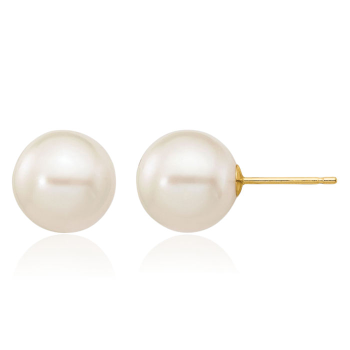 10K Solid Yellow Gold 9mm White Round Freshwater Cultured Pearl Stud Earrings
