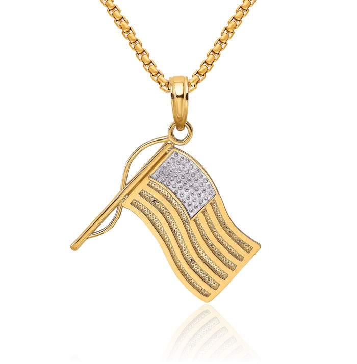 10K Solid Yellow Gold American Flag Necklace Chain Pendant Charm