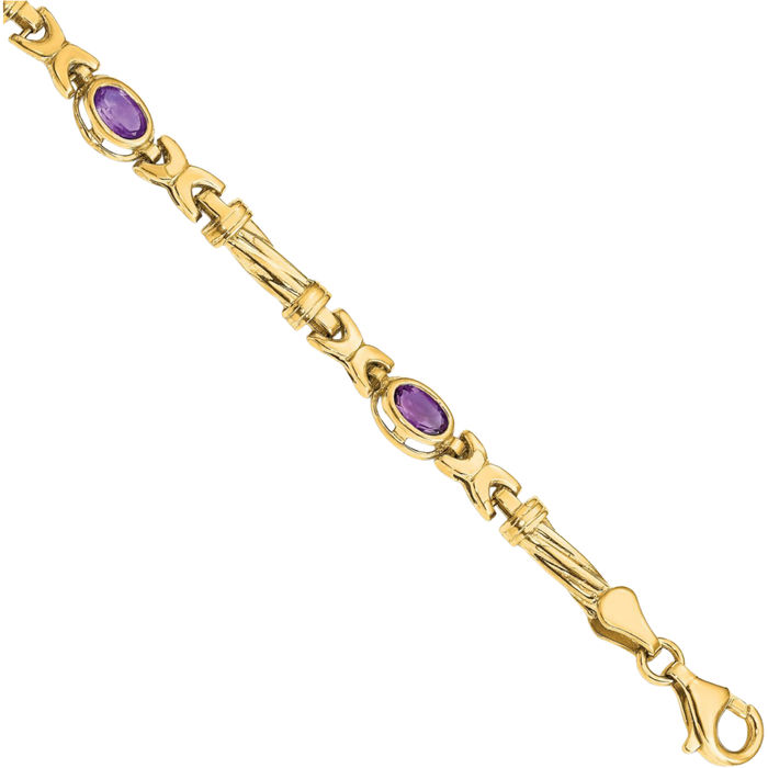 10K Solid Yellow Gold Purple Amethyst 4 Stone Chain Gemstone Tennis Bracelet