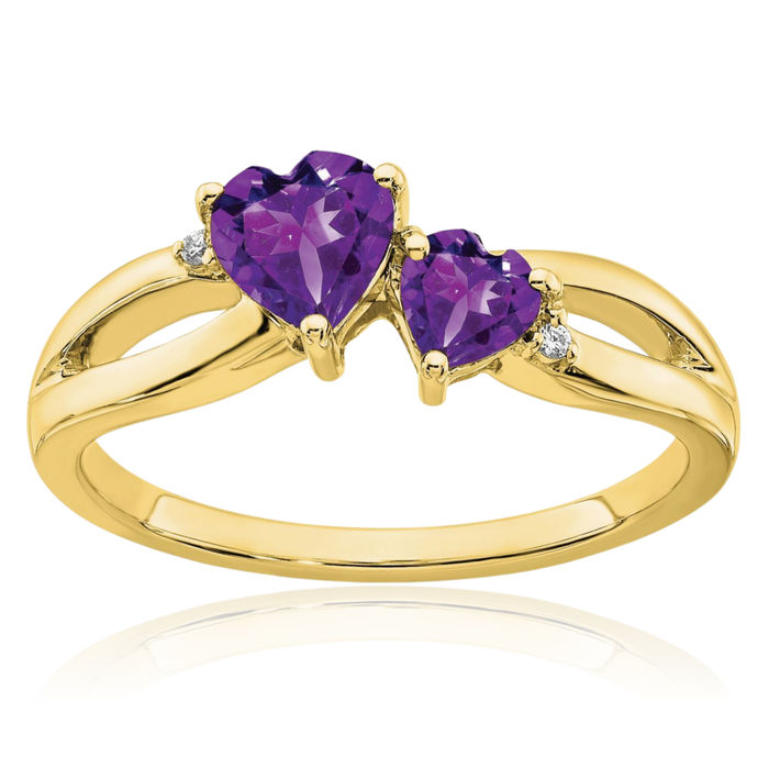 10K Solid Yellow Gold Purple Amethyst Diamond 2 Stone Heart Ring Gemstone Love Band