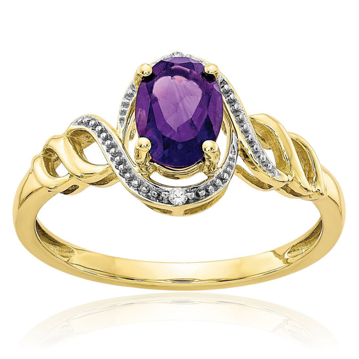 10K Solid Yellow Gold Purple Amethyst Diamond Ring Gemstone Band February Birthstone Jewelry