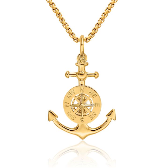 10K Solid Yellow Gold Anchor Mariner Nautical North Star Compass Necklace Chain Pendant Charm