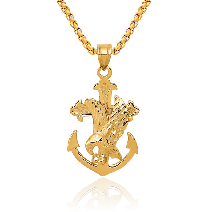 10K Solid Yellow Gold Anchor Mariner Cross Eagle Necklace American Hawk Bird Head Religious Jesus Christ Pendant Symbol of Strength Freedom Nautical Charm