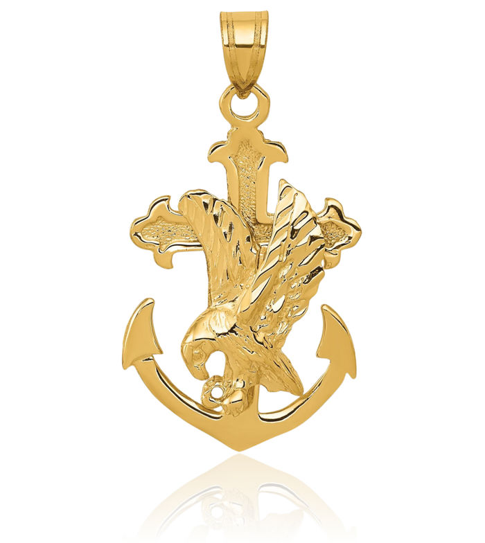 10K Solid Yellow Gold Anchor Mariner Cross Eagle Necklace American Hawk Bird Head Religious Jesus Christ Pendant Symbol of Strength Freedom Nautical Charm