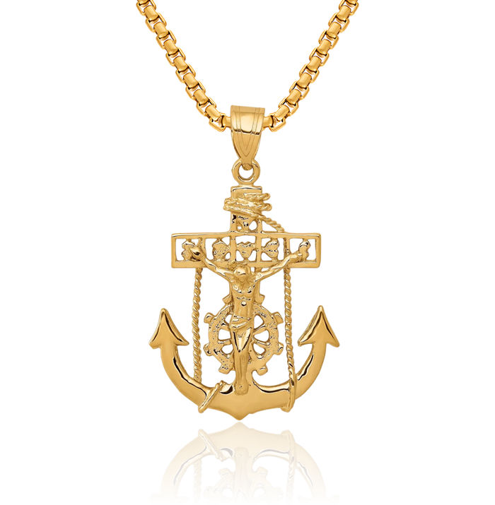 10K Solid Yellow Gold Anchor Mariner Holy Cross Necklace Religious Chain Pendant Jesus Christ Nautical Charm