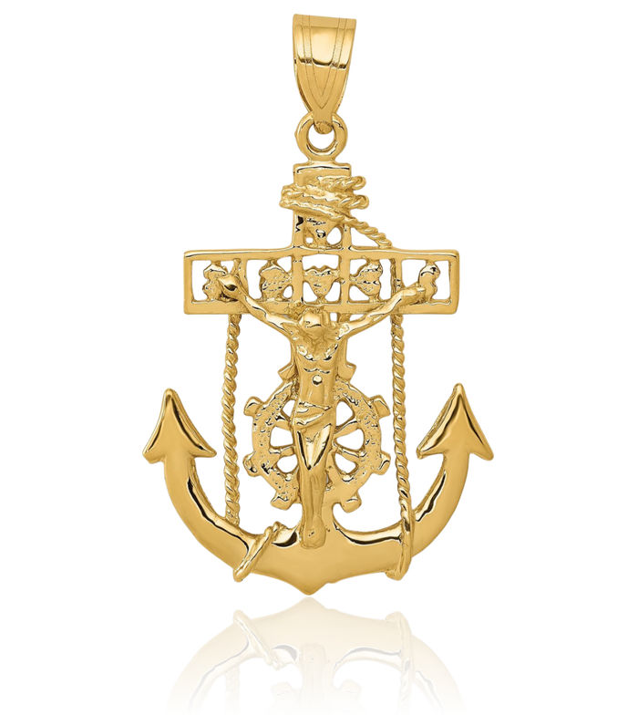 10K Solid Yellow Gold Anchor Mariner Holy Cross Necklace Religious Chain Pendant Jesus Christ Nautical Charm