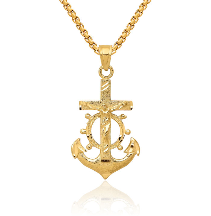 10K Solid Yellow Gold Anchor Mariner Lord Jesus Christ Crucifix Holy Cross Necklace Religious Chain Pendant Nautical Charm