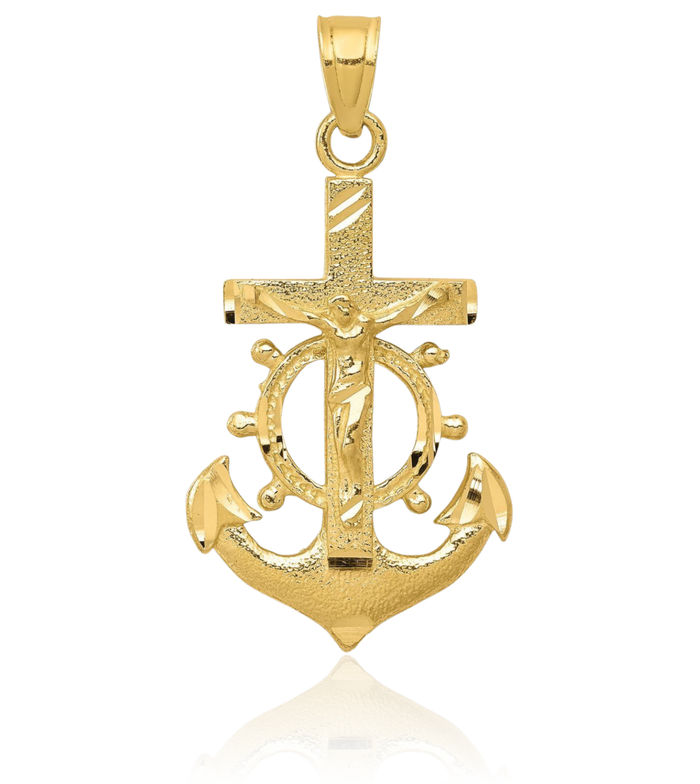 10K Solid Yellow Gold Anchor Mariner Lord Jesus Christ Crucifix Holy Cross Necklace Religious Chain Pendant Nautical Charm