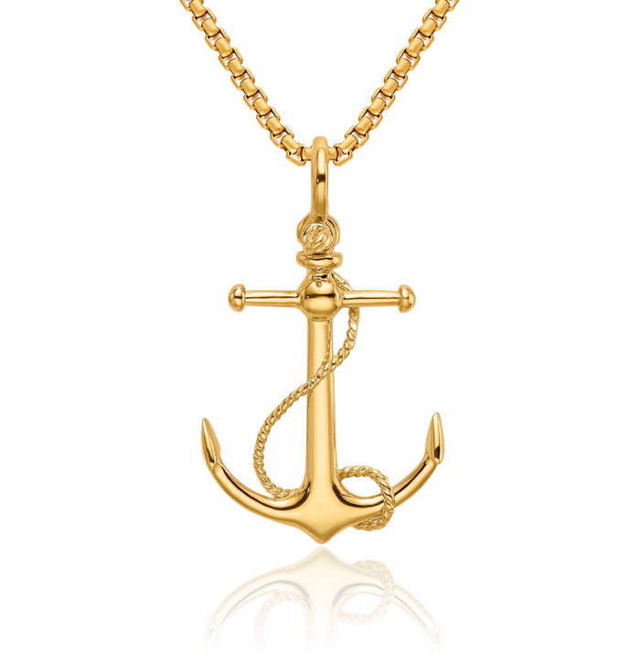 10K Solid Yellow Gold Anchor Mariner Long T Bar Shackle Necklace Nautical Charm Pendant